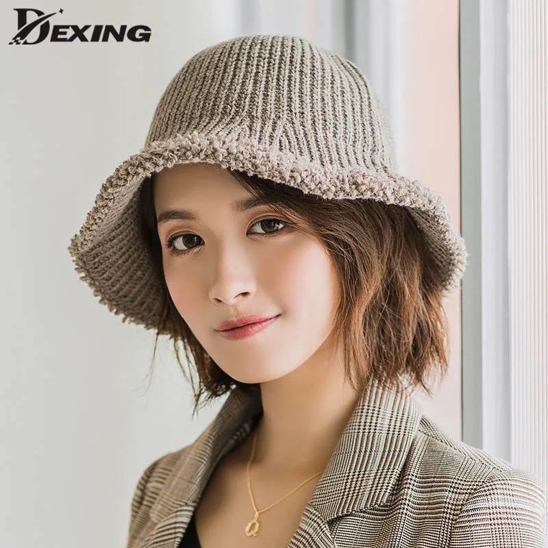 

Women Winter Knitted Bucket Hat Beanie Cap Warm Fashion wool Hat Simple Basin caps Autumn Winter Women Hats Knitted Beanies Caps
