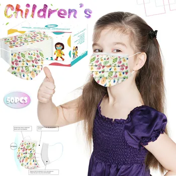 

50pc Disposable Children Fashion Cartoon Print Mouth Face Mask 3-layer Filtration Non-woven Ear Loop Filter Mask For Kids