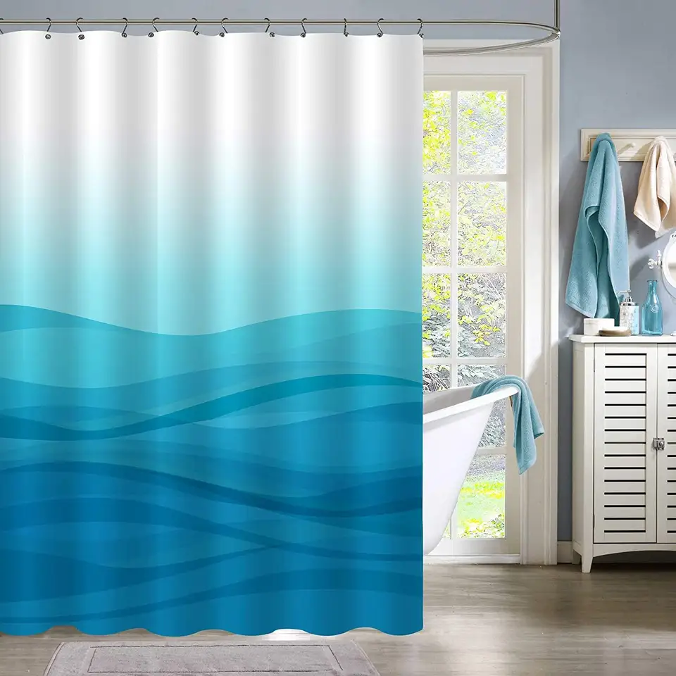 Blue Ombre Shower Curtains Set Abstract Ocean Light Blue Striped Standard  for Modern Bathroom Decor Sea Waves Cloth Bath Curtain - AliExpress, image size:960x960
