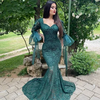 

Eightree Lace Mermaid Evening Dresses Puff Sleeve Green Long Sleeves Formal Evening Party Gowns Hunter See Through Prom Dress
