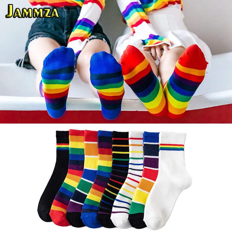 2 пар/лот, модные носки для девушек в полоску, разноцветные радужные носки в Корейском стиле, Harajuku, женские носки, черные, белые, ретро, простые