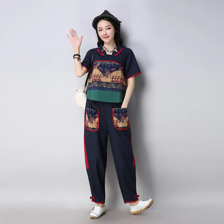

2018 Summer Retro Joint Large Size Dress Cotton Linen Set Tops Loose Pants Two-Piece Set