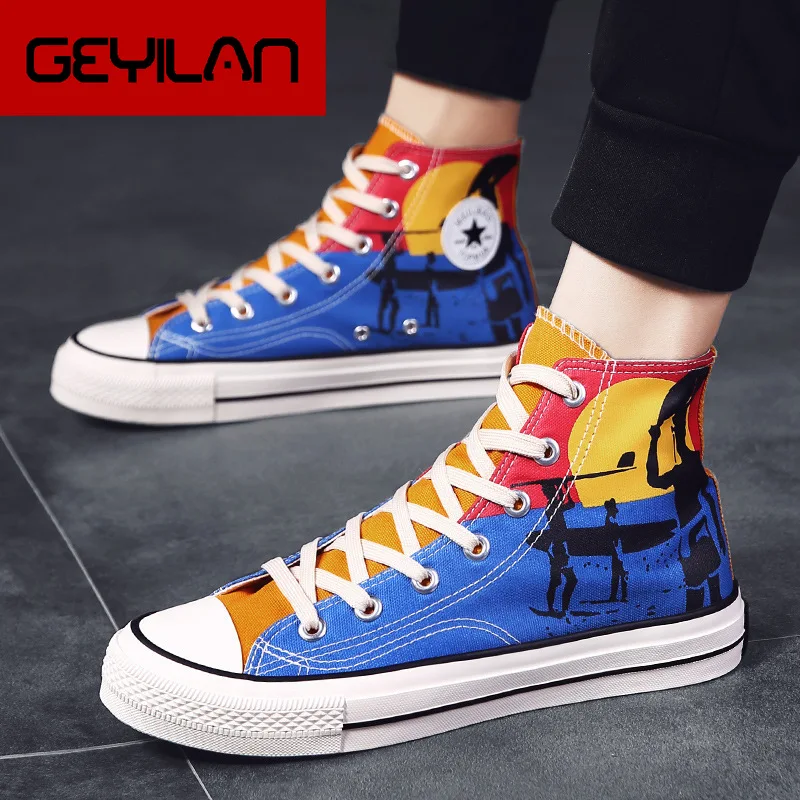 

Spelling Color Trend Male Shoe Personality Printing Cloth Shoe Korean Teenagers Shoes Ventilation Spring Skate Shoes In High