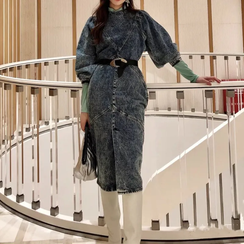 Women Denim Midi Dress Lantern Sleeve 2020 New