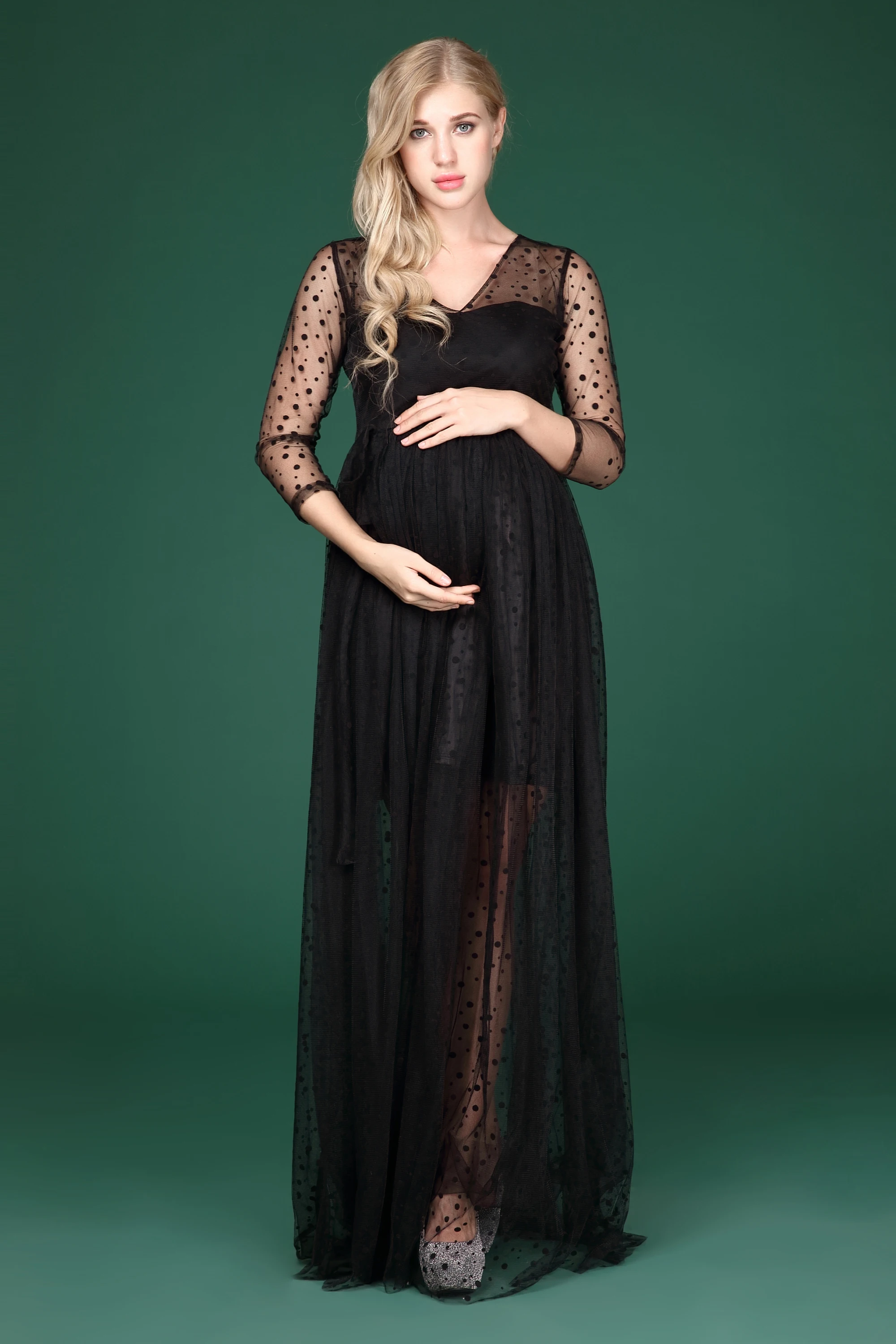 Платье для фотосессии для беременных женщин с v-образным вырезом, в черный горошек, длинное платье для беременных, платья макси для фотосессии