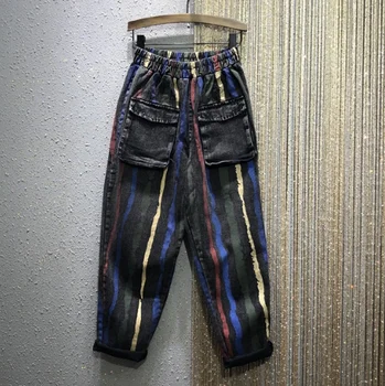 

European Jeans Women 2020 Spring New Elastic-Waist Loose-Fit Personality Striped Printing Large Size Denim Harem Pants Jean