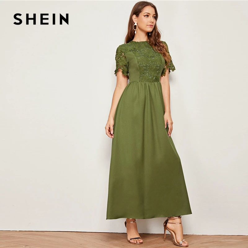 SHEIN армейское зеленое однотонное гипюрное кружево для отделки, облегающее и расклешенное платье для женщин, Летние Элегантные макси платья с коротким рукавом и высокой талией