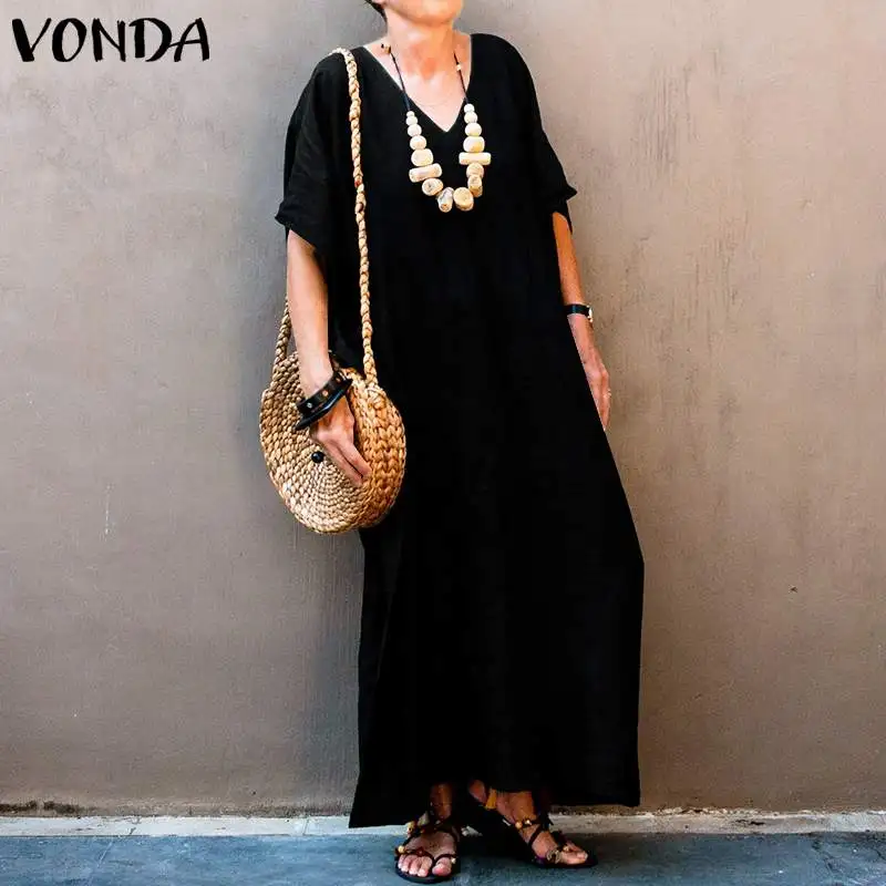 VONDA элегантное платье повседневные однотонные длинные платья с коротким рукавом женские свободные пляжные сарафаны с круглым вырезом Вечерние богемные платья