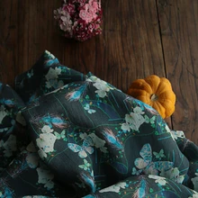 Pure flax in autumn and winter fabric Navy blue flower and bird plant printing tissu High end custom dress patchwork