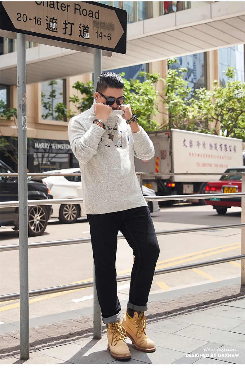 GXXH New Personalized Embroidery Turtleneck Sweater Men Warm Winter Thick Black Beige Color Pullover Sweaters Big Size Male