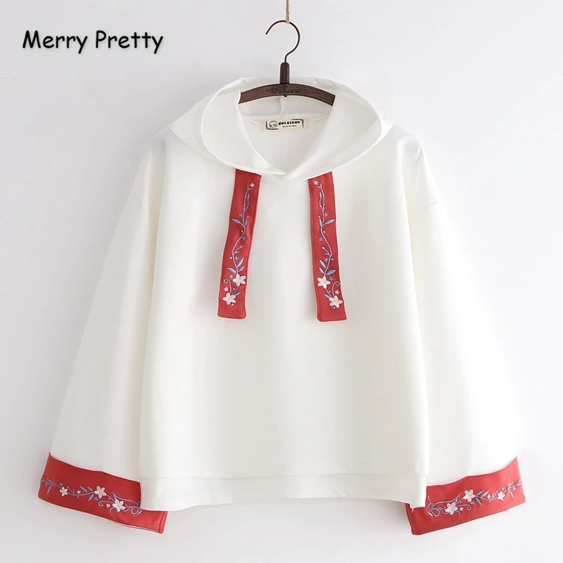 Merry Pretty женские толстовки с капюшоном и цветочной вышивкой зимние спортивные костюмы с длинным рукавом на шнурке толстовки Повседневный пуловер