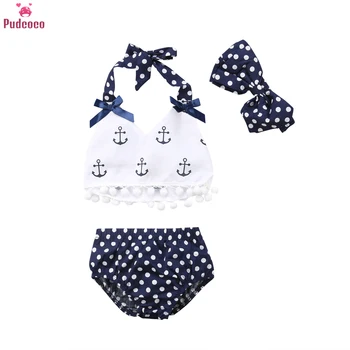 

3 Piece Newborn Clothes Set Infant Baby Girl Outfit Print Anchors Bow Sleeveless Tops and Polka Dot Briefs+Headband Sets