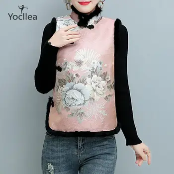 

2019 spring and autumn cheongsam Outerwear Chinese style retro women's rabbit Fur Add cotton Parkas Sleeveless Vest jacket coat