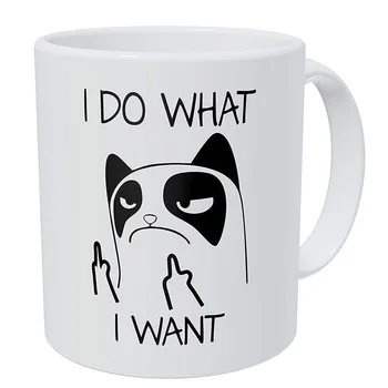 

I Do What I Want Cat Face Ceramic Coffee Mug Best Funny and Inspirational Cup with Stirring Spoon