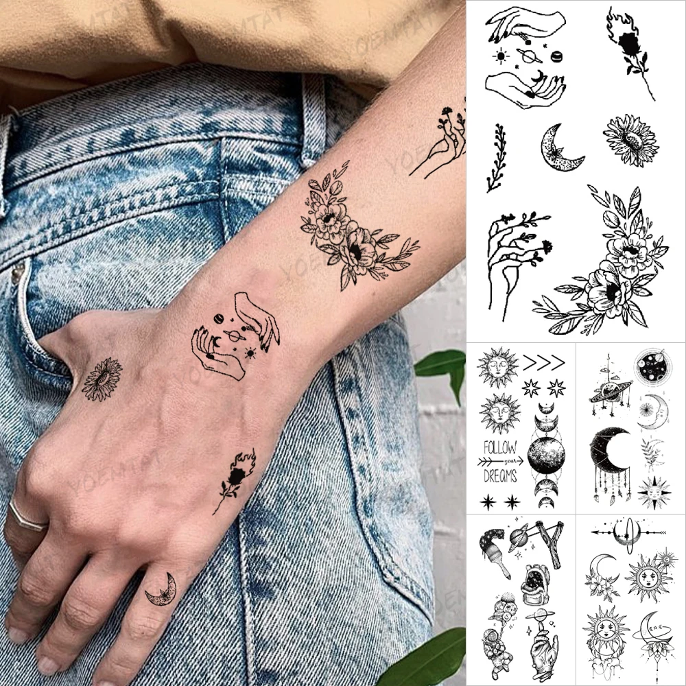 

Transferable Waterproof Temporary Tattoo Sticker Rose Sun Moon Small Tatoo Kids Hand Fake Tatto Body Art Men and Women