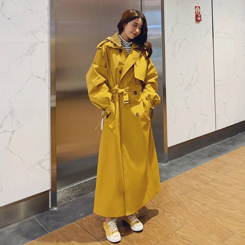 

2019 autumn Korean version of the hat detachable long paragraph off shoulder sleeves loose double-breasted windbreaker jacket