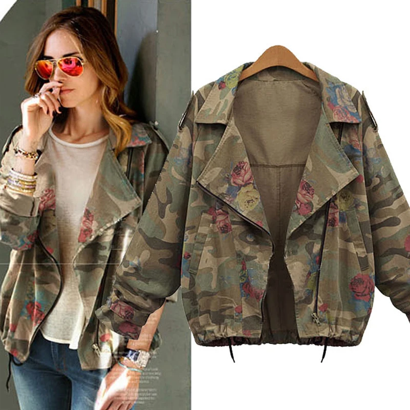 

Camouflage Jacket Women Batwing Long Sleeve Coat Spring Autumn New Windbreaker Basic Jackets Coat Plus Size Casual Short Outwear