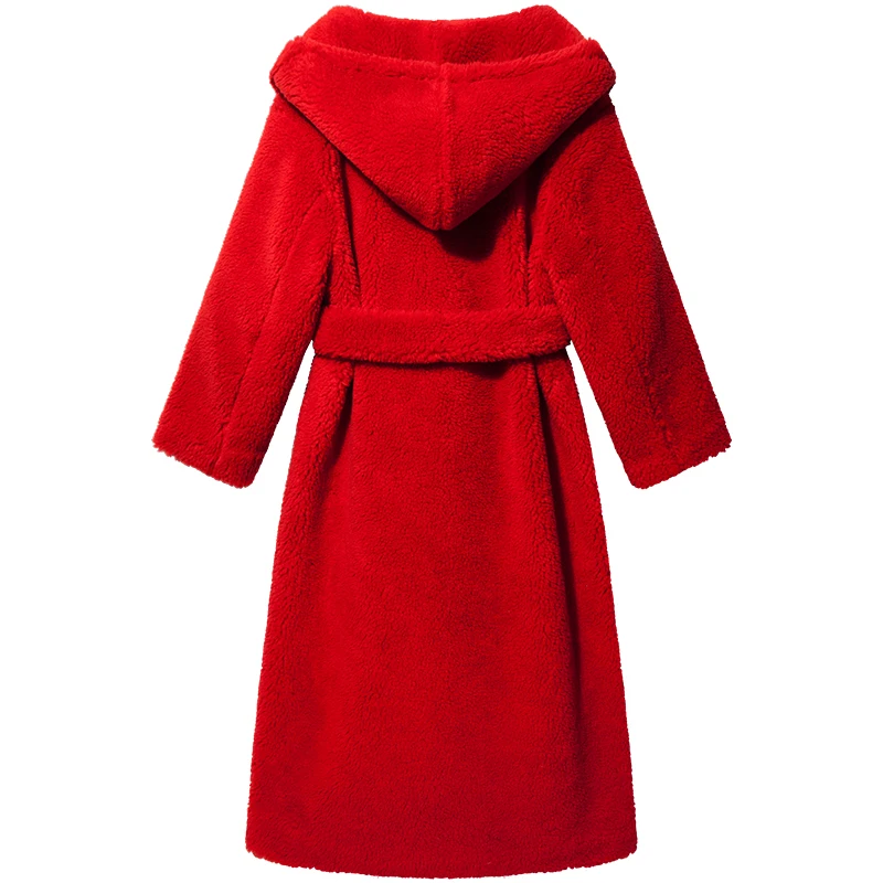 YIGELILA Winter Solid Red Coats Full Sleeves Teddy Thicken Warm With Belt Coats Outerwear With Pokets Fashion Coats 9920