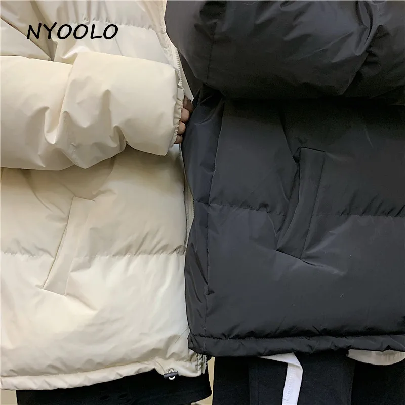 NYOOLO Харадзюку уличная однотонная утепленная куртка Осень Зима Свободный Длинный рукав на молнии стеганая куртка для женщин и мужчин верхняя одежда