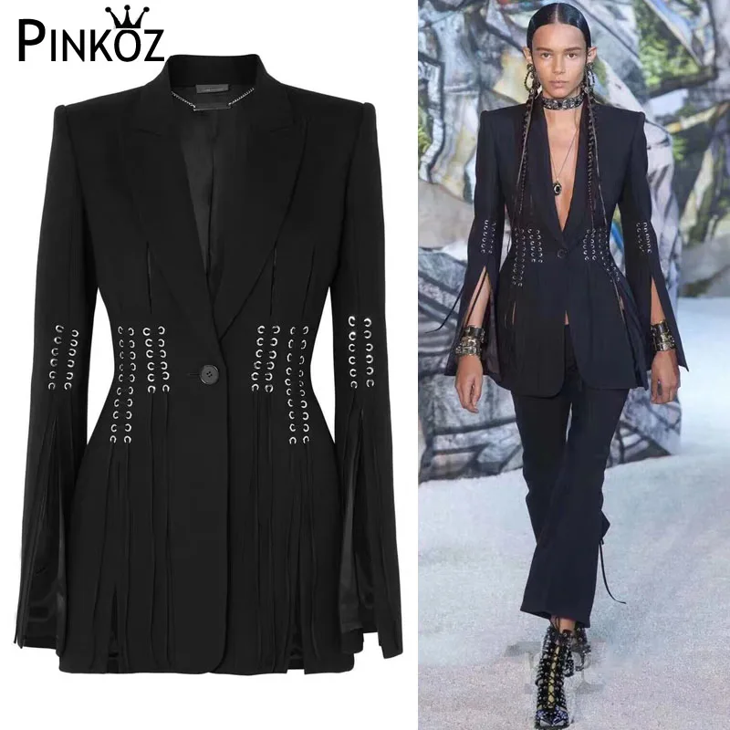 

Pinkoz new fashion runway designer high quality slim sexy coat split bandage jackets blazers long sleeve autunm outwear tassel