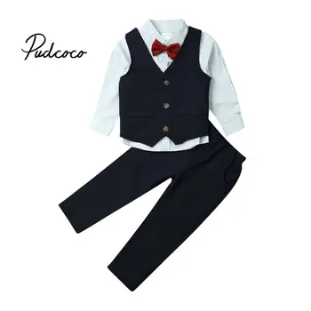 

2019 Autumn Baby Boys Clothes Set Bow-Knot Dress Shirts+Plaid Pants 4PCS Set Newborn Boy Gentleman Clothes Baby Boy Outfits Suit