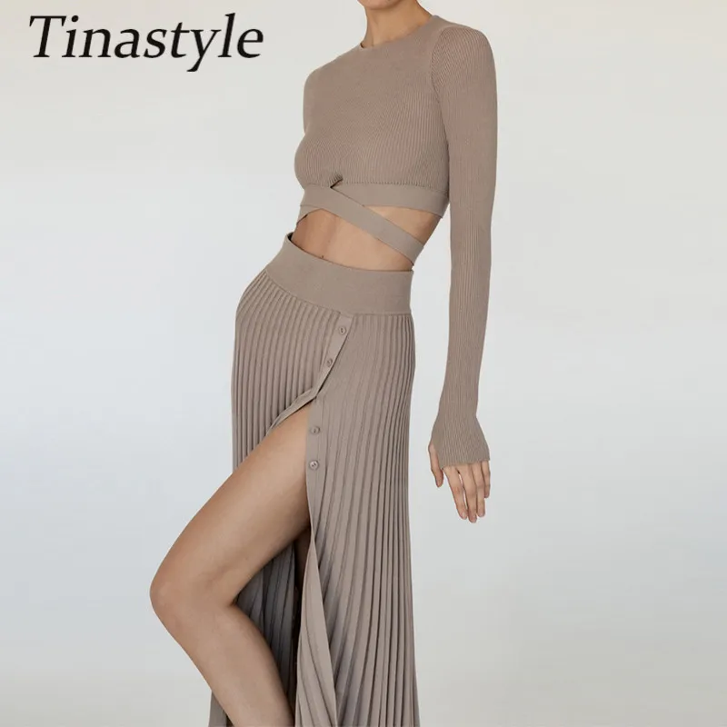 Tinastyle Autumn Winter Women Skirts Set O Neck Long Sleeve Crop Top And Midi Skirts A Line Pleated Two Piece Sets Knit Outfits womens suit set