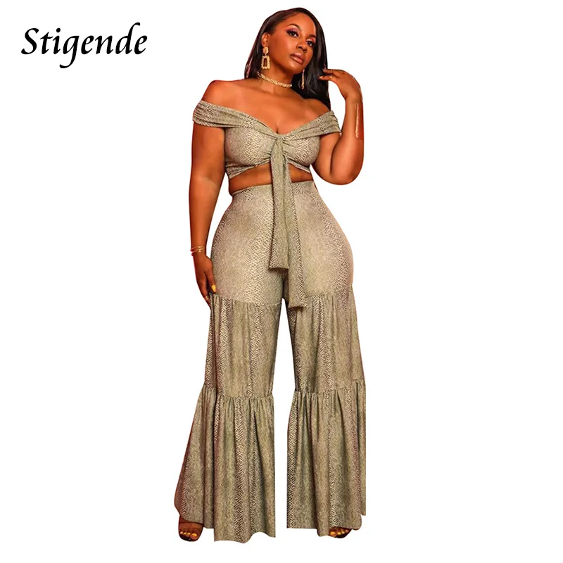 

Stigende Summer Leopard Print Two Piece Set Women Off Shoulder Crop Top and Wide Leg Pants Set Bodycon 2pcs Outfit Set Clubwear