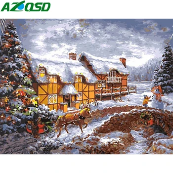 

AZQSD Adult Coloring By Numbers Winter Landscape Christmas Gift Oil Painting By Numbers House Drawing On Canvas Home Decoration