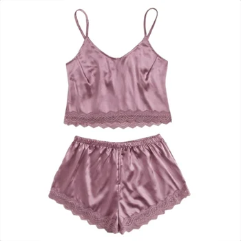 

Women Sleepwear Lady Satin Silk Lace Pajama Set V-Neck Pyjamas Sleeveless Cute Cami Top Short Pijama Mujer Sleep Wear U