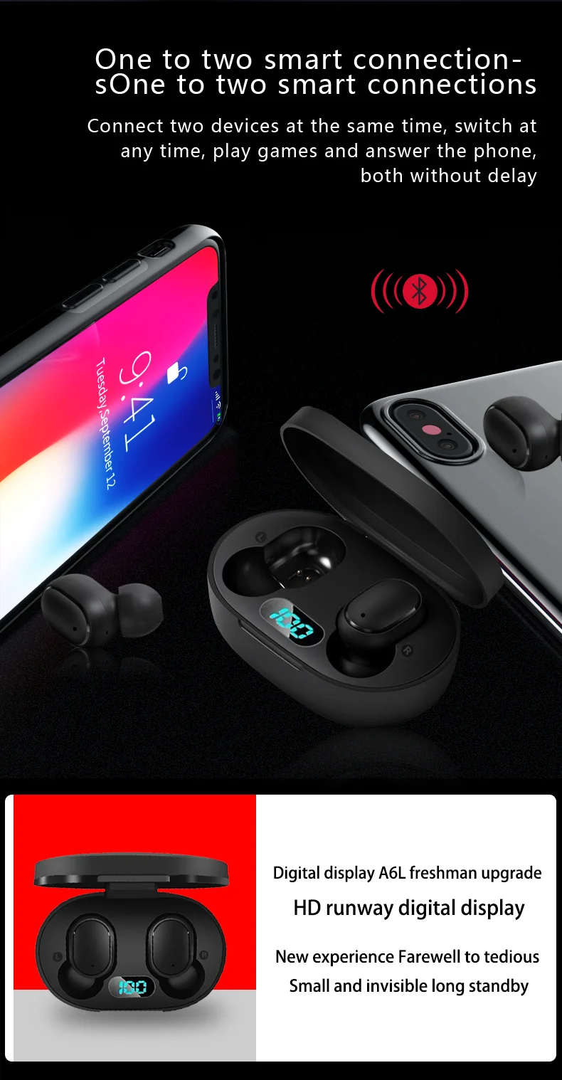 A6L TWS беспроводные наушники для Redmi Airdots светодиодный дисплей Bluetooth V5.0 гарнитуры для iPhone huawei samsung pk A6S TWS