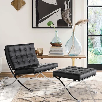 

Modern Mid Century Lounge Chair With Ottoman Classic Exhibition Black Real Leather Chair&Bench Set