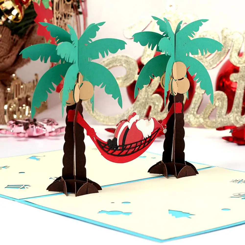  3D Coconut Tree Santa Christmas Birthday Greeting Invitation Cards Postcard Gift Holiday Supplies - 4000215577068