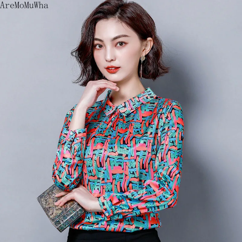 

AreMoMuWh 2020 Spring New Printed Silk Blouse Doll Collar Mulberry Silk Shirt Long Sleeve Loose Chiffon Bottoming Shirt Trend