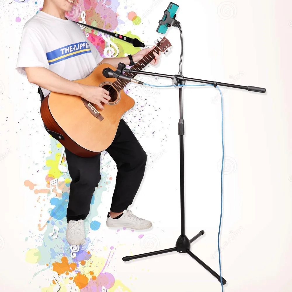 

Professional Adjustable Tripod Mic Microphone Boom Stand with Phone Mount Holder On Stage Portable for Live Broadcast Guitar