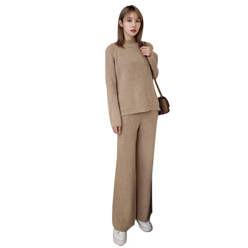 Knitted Women 2 Pieces Pant Sets Autumn Winter New Thicken Solid Warm Sweater and Wide Leg Pant Suits