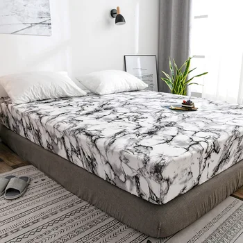 

Bed Pad Fitted Sheet Marble Pattern Mattress Cover Protector Dust Covers Slip Queen Single Air-Permeable Bed Topper US UK Size