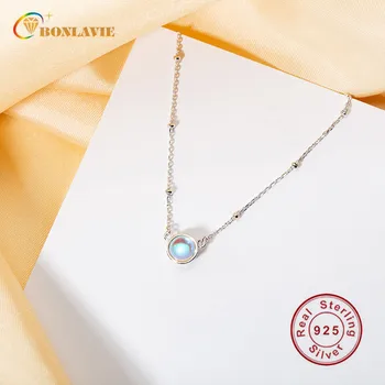 

BONLAVIE Moonstone Round Beads Silver Color Necklace Women Exquisite Temperament Transfer Beads Chain