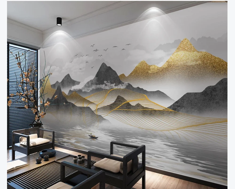 Custom wallpaper mural new Chinese abstract light luxury mood golden landscape background wall- waterproof material