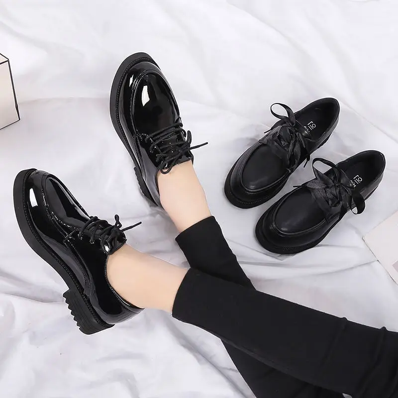 

England Bullock Small Leather Shoes Women's 2019 New Style Korean-style Versatile Lace-up Flat Patent Leather Students Low Heel