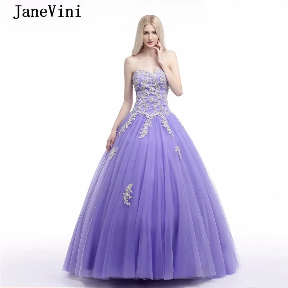 

JaneVini Lavender Princess Puffy Tulle Long Quinceanera Dresses Ball Gown 2019 Sweetheart Lace Appliques Beaded Vestido 15 Anos