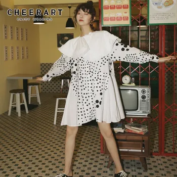 

CHEERART Designer Polka Dot Dress Cotton Long Sleeve Ruffles Shirt Dress Big Collar Asymetrical Mini Dress High Fashion Clothing