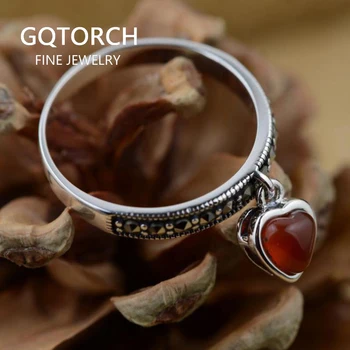 

925 Sterling Silver Heart Rings With Hanging Heart Red Garnet Rings Natural Stone Vintage Style Fine Jewelry For Women anillos