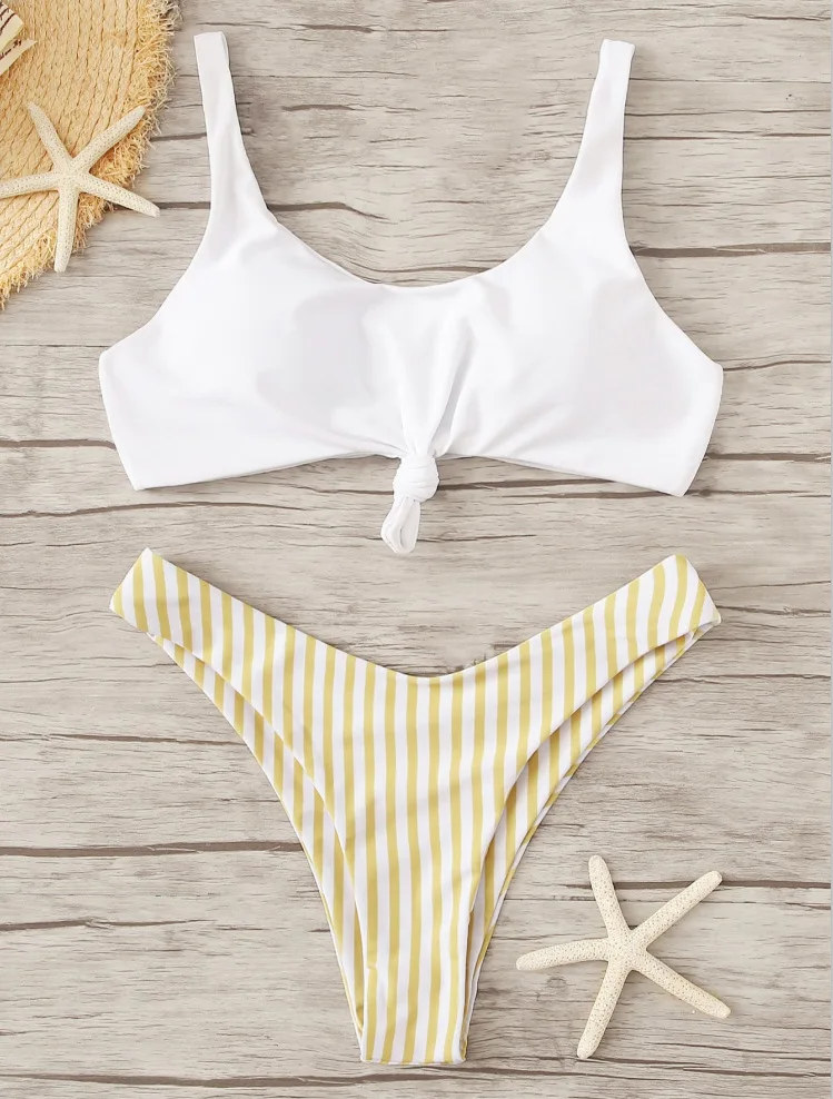 Сексуальное микро бикини, женский купальник с глубоким вырезом, полосатый купальник с бантом и бахромой, летняя пляжная одежда, купальный костюм, бикини с пуш-ап - Цвет: yellow