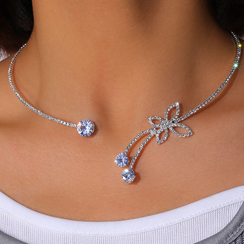 Exquisite Rhinestone Adjustable Open Butterfly Collar Torques Jewelry for Women Crystal Round Choker Necklace Bangle Accessories