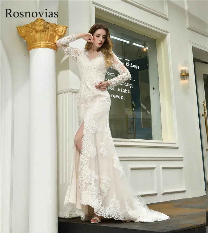 

Long Sleeves Mermaid Wedding Dresses 2020 V Neck Cover Button Back Lace Appliques Front Split Long Bridal Gowns vestido de noiva