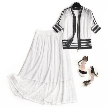 

Women white lace tops skirt set two piece sets summer 2020 designer zipper front jackets short sleeve tops long skirts outfit