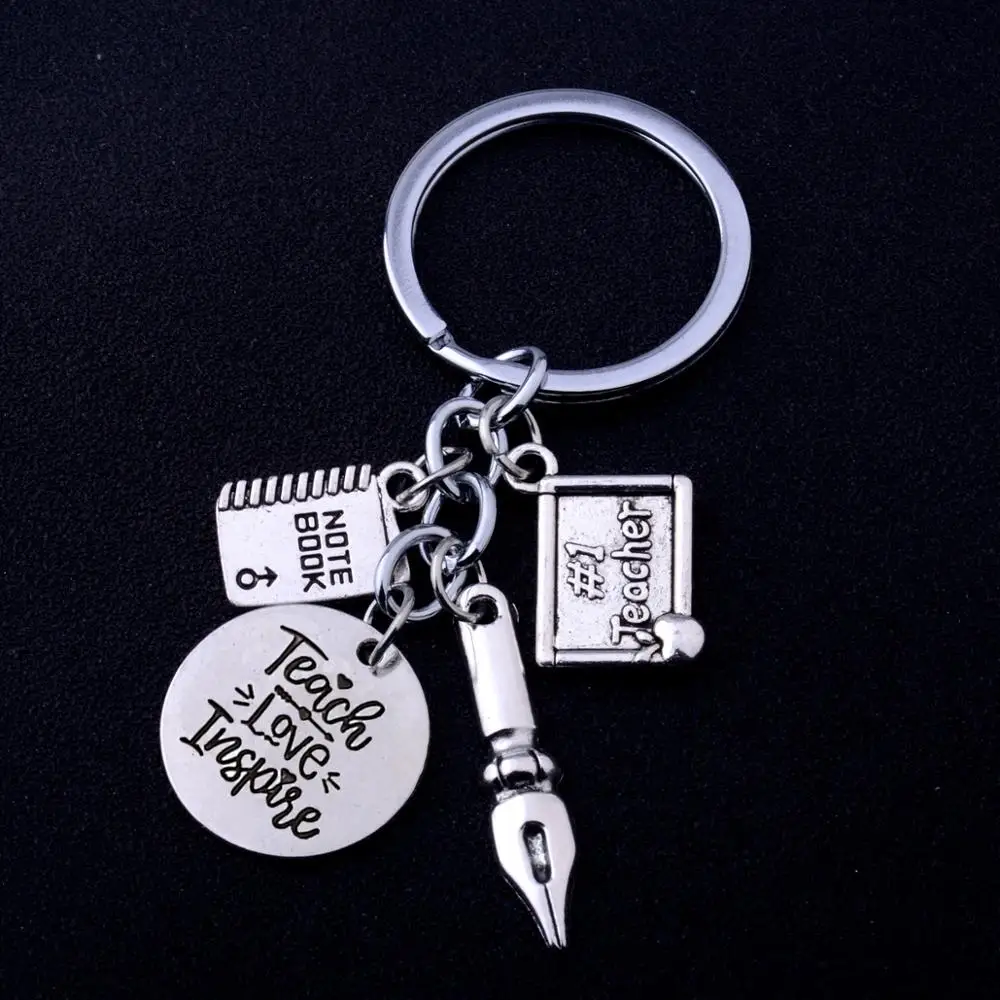 12PCs Teacher Pen Notebook Pendant Keychains Engraved Words Teach Love Inspire Keyrings Jewelry Thanksgiving Gifts Key Rings Hot | Украшения