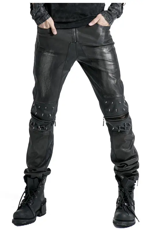 

PUNK RAVE Men Punk Rock Rivet Long Pants Leather Patchwork Personality Long Trousers Streetwear Male Punk Daily Pants
