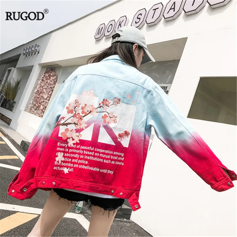 RUGOD 2019New Женская Цветочная буквы печатный рисунок джинсовая куртка синяя и красная постепенная красочная Женская куртка Осенняя модная уличная куртка