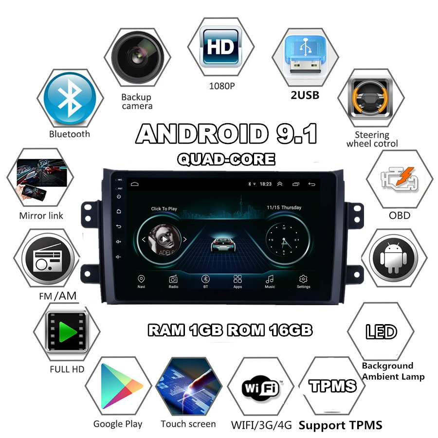  For Android 9.1 Quad-core RAM 1GB ROM 16GB 9'' Car Stereo Radio GPS WIFI 3G 4G BT DAB Mirror Link O